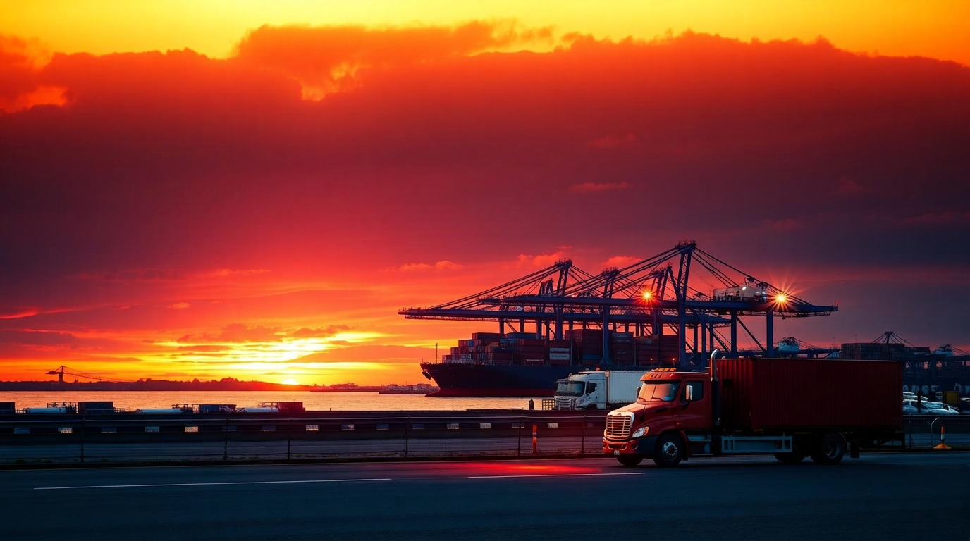 Port at sunset with cargo ship and truck